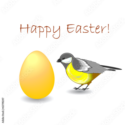 A cute realistic titmouse bird with a colorful Easter egg