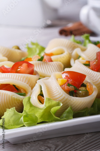 Fresh vegetable salad inside lumakoni pasta photo