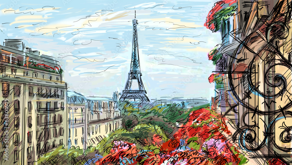Street in paris - illustration - obrazy, fototapety, plakaty 