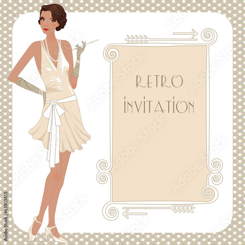 Retro flappper girl, party invitation poster