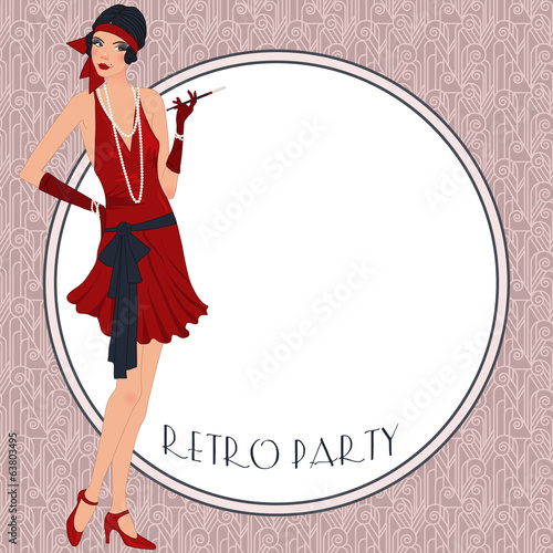 Retro flappper girl, party invitation poster