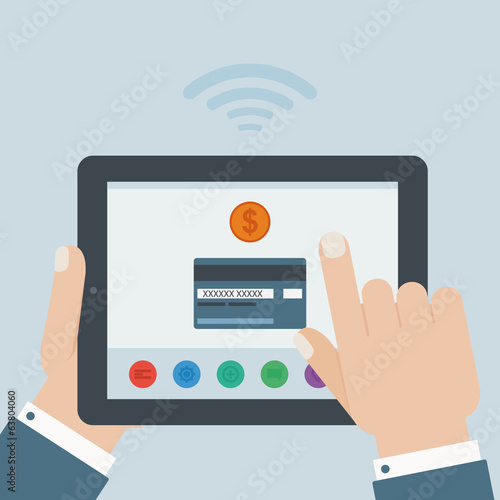 credit card mobile payment hand holding tablet flat design