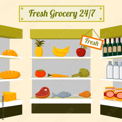 Fresh grocery foods on store shelves