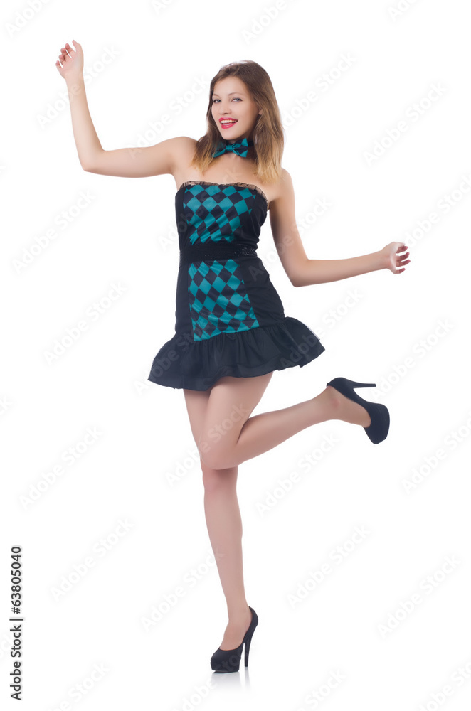  Young pretty dancing  woman isolated on white