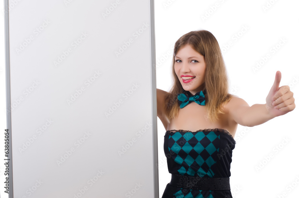 Young pretty woman with blank board isolated on white Young pretty woman with blank board isolated on white