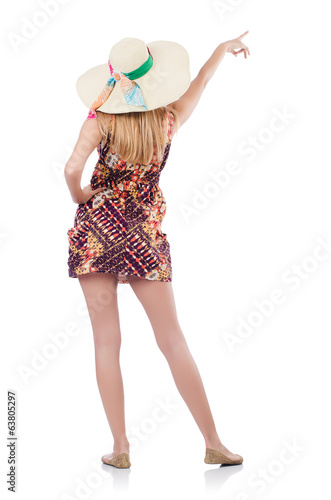 Beautiful woman in summer dress pressing virtual button isolated