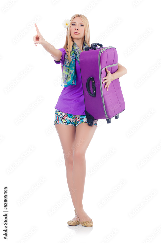 Woman preparing for vacation with suitcase pressing virtual but Woman preparing for vacation with suitcase pressing virtual but