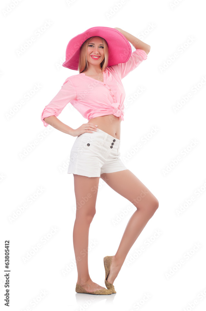 Young dancing model in panama hat isolated on white Young dancing model in panama hat isolated on white