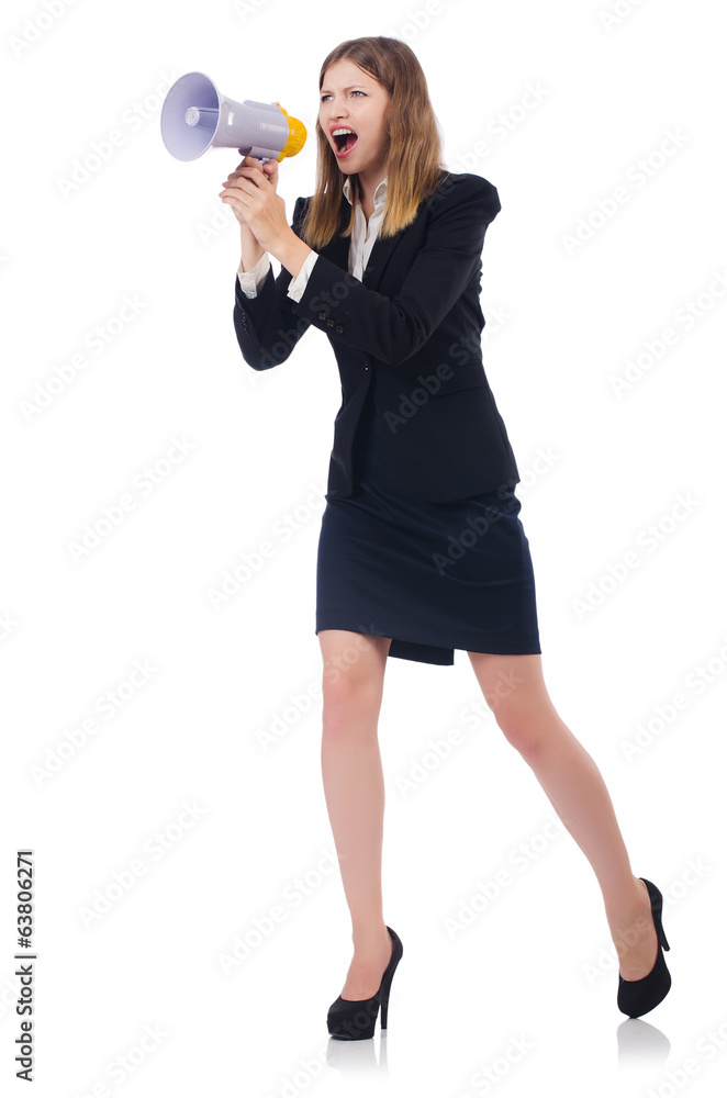 Businesswoman with loudspeaker isolated on white Businesswoman with loudspeaker isolated on white