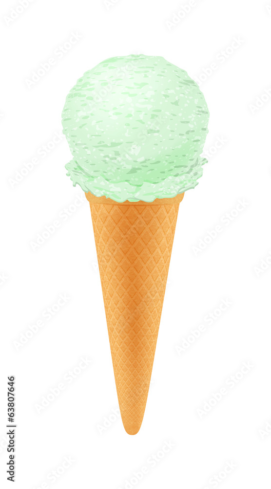 Pistachio or mint ice cream in waffle cone. Pistachio or mint ice cream in waffle cone.