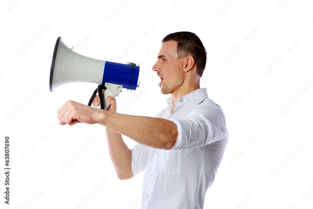 Man shouting through megaphone over white background Man shouting through megaphone over white background