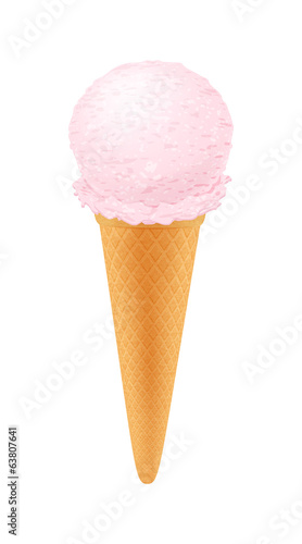 Strawberry ice cream in waffle cone.