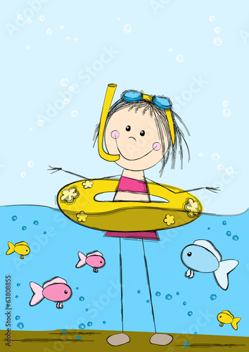 Cute swimming girl on sea background