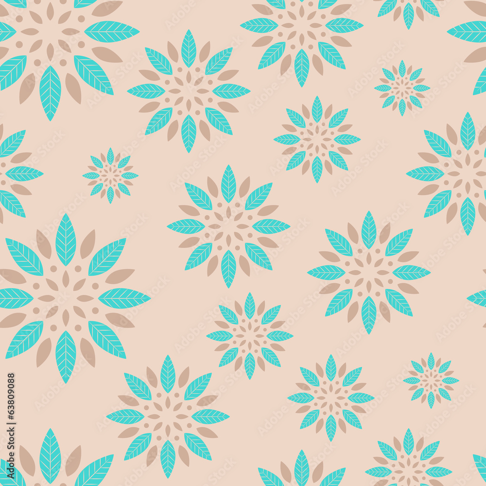 Seamless leaves rosette background in beige and blue colors.