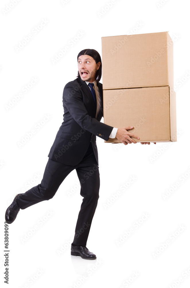Funny man with boxes on white Funny man with boxes on white