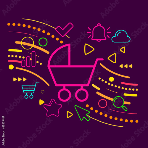Baby carriage on abstract colorful geometric dark background wit