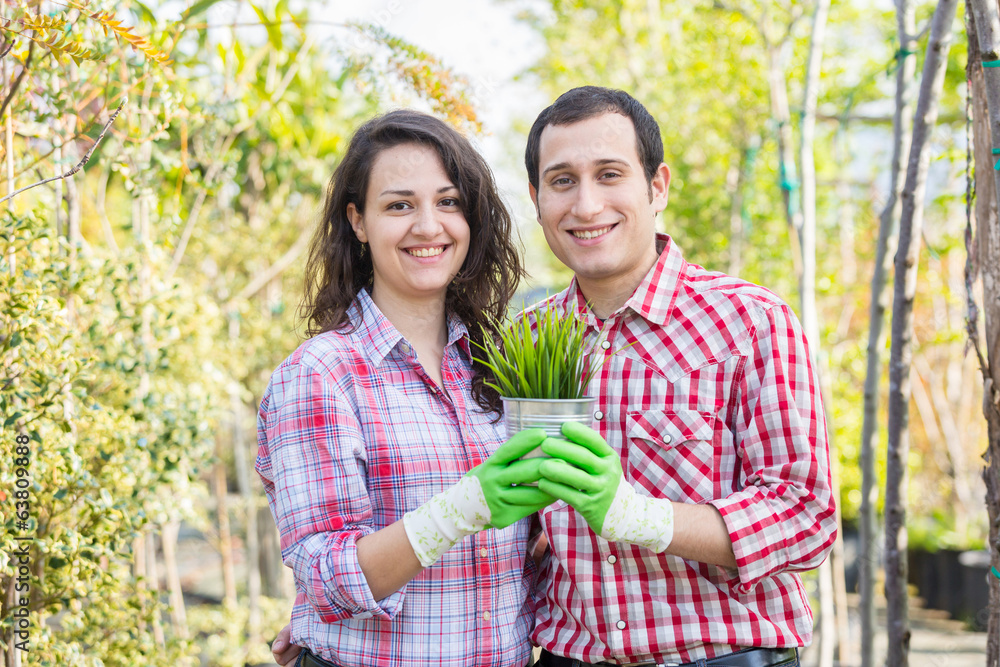 Gardeners Holding Small Plant at Nursery