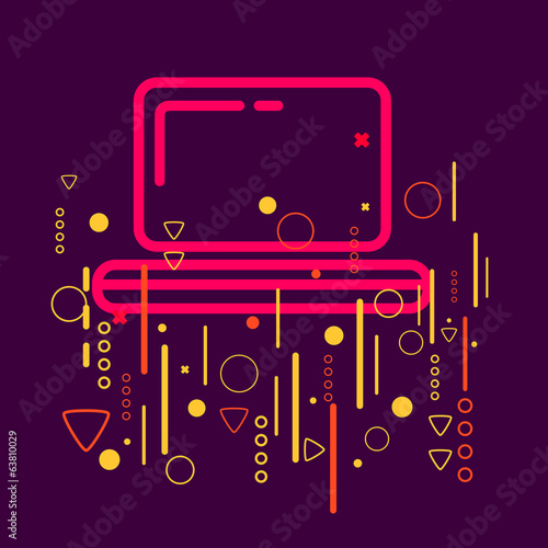 Laptop on abstract colorful geometric dark background with diffe