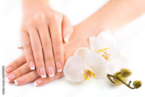 beautiful french manicure with white orchid on white photo