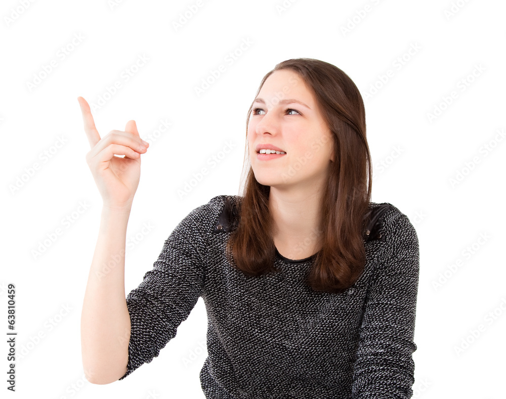 young woman pointing up young woman pointing up