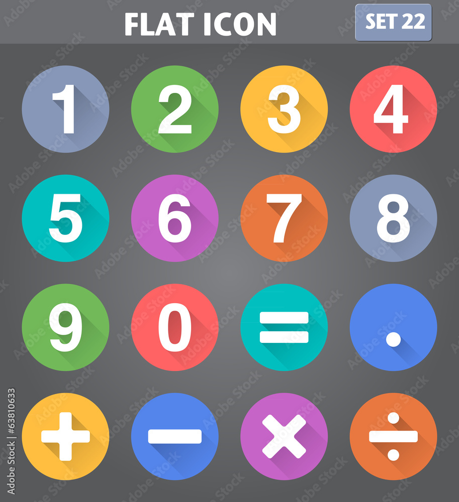 Numbers and Mathematical Icons set in flat style with long shado Numbers and Mathematical Icons set in flat style with long shado