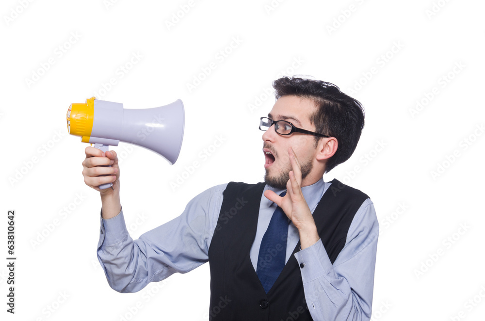 Young businessman with loudspeaker on white Young businessman with loudspeaker on white