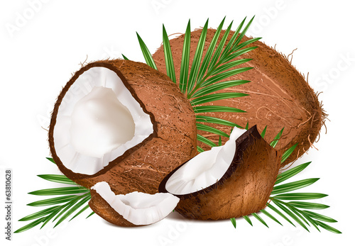 Coconuts with leaves and slice.