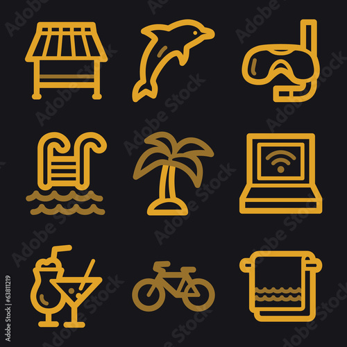 Vacation web icons, gold line set