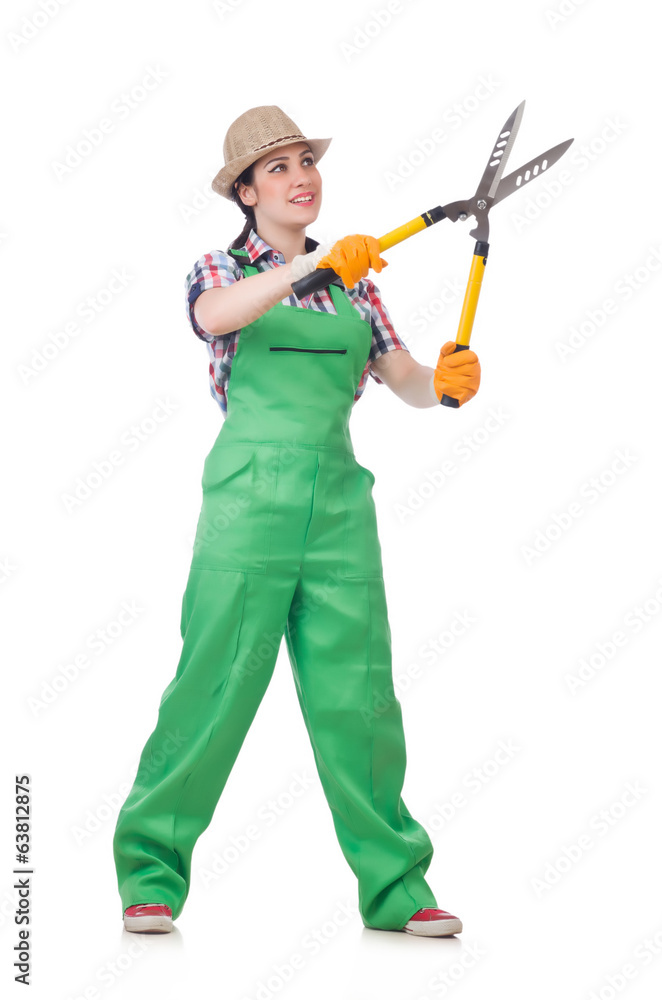 Young woman with shears on white Young woman with shears on white
