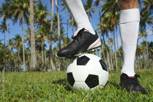 Brazilian Football Player Standing with Soccer Ball Palm Trees photo