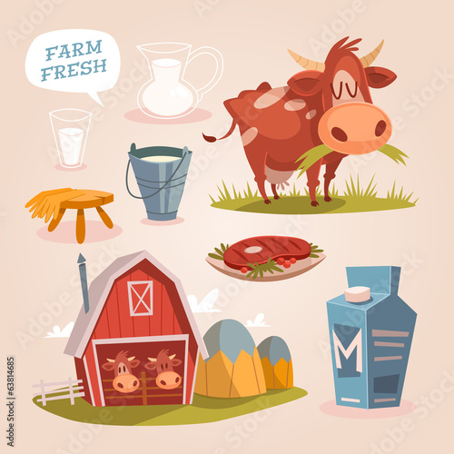 Cow farm. Dairy cattle. Retro style vector elements.