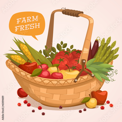 Fruit Basket. Farm fresh. Retro style vector illustration.