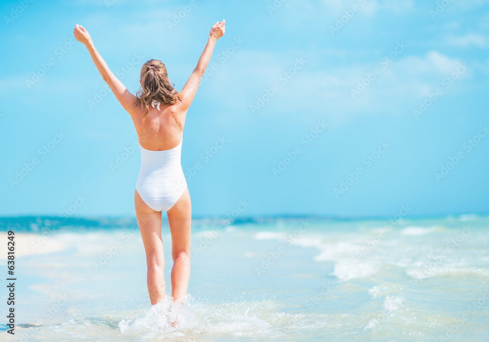 Young woman in swimsuit walking on sea coast. rear view Young woman in swimsuit walking on sea coast. rear view