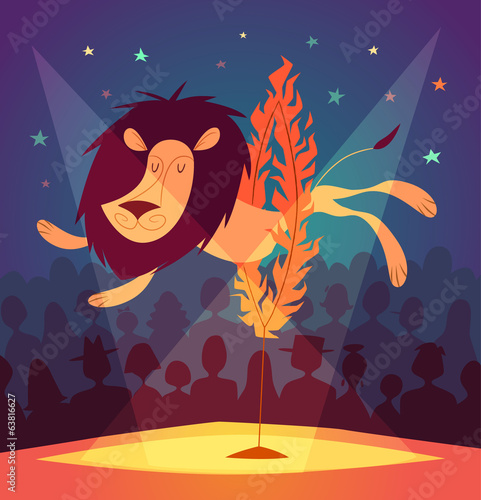 Lion jumping circus show. Vector illustration.