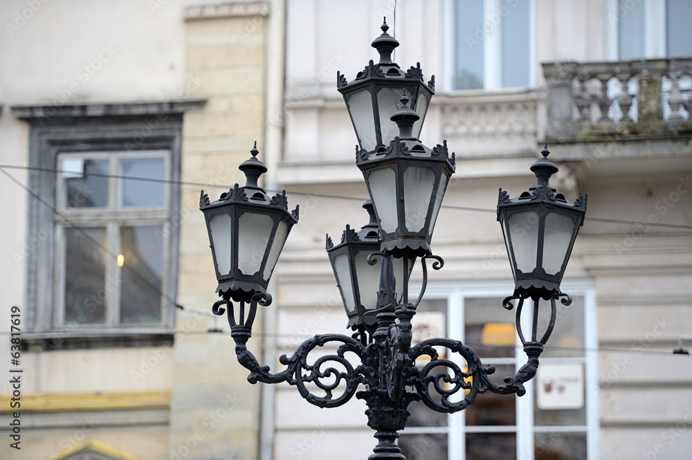 Vintage lanterns on the streets of Lviv, Ukraine