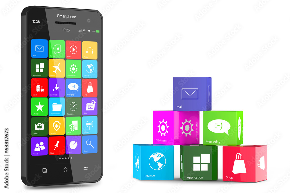 Smartphone and application cubes isolated on white background Smartphone and application cubes isolated on white background