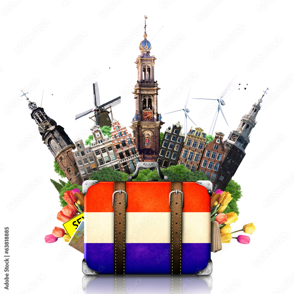 Fototapeta premium Holandia, zabytki Amsterdamu, podróże i walizka retro