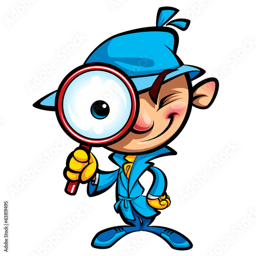Cartoon cute detective investigate with coat and big eye glass