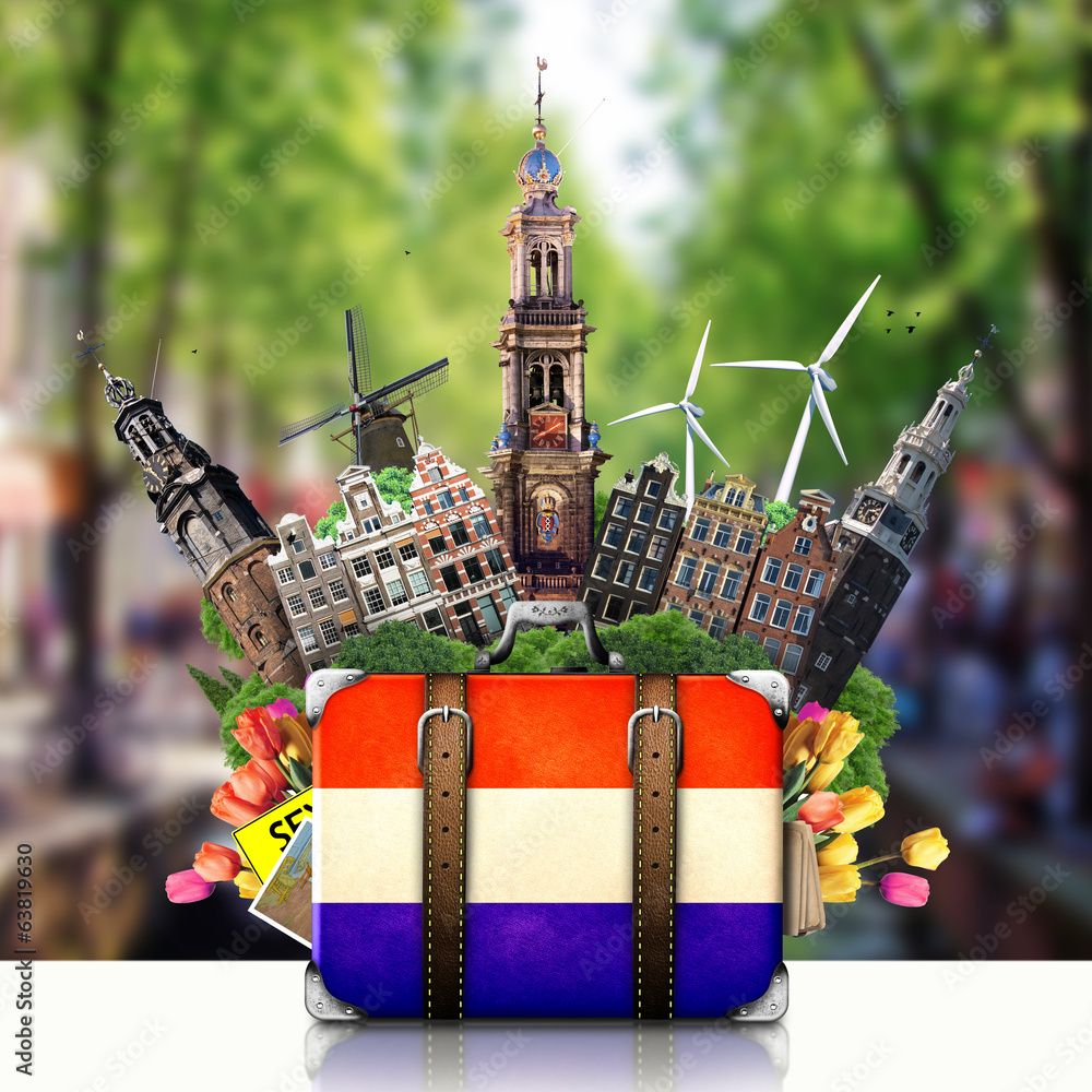 Fototapeta premium Holland, Amsterdam landmarks, travel and retro suitcase