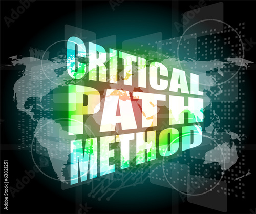 critical path method words on digital screen with world map