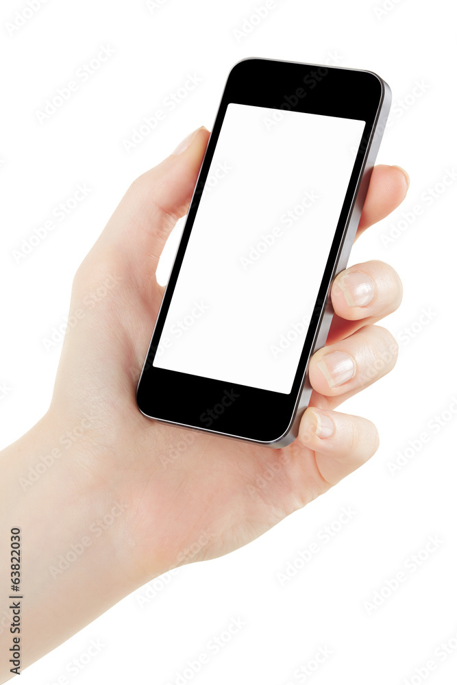 Smartphone in woman hand isolated on white, clipping path Smartphone in woman hand isolated on white, clipping path