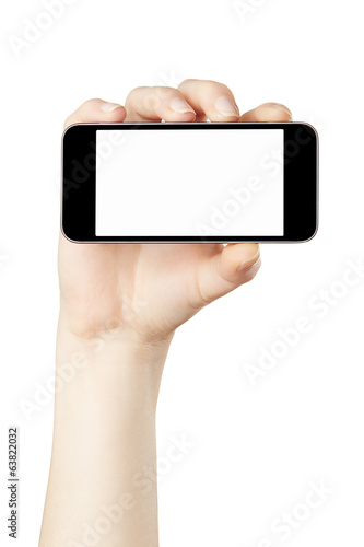 Woman hand holding horizontal smartphone on white, clipping path
