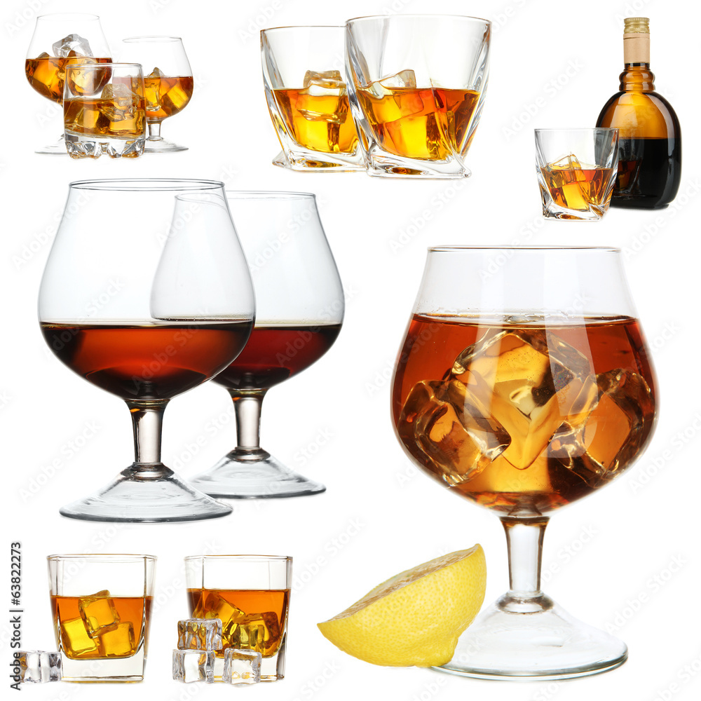 Collage of brandy glasses with ice cubes isolated on white Collage of brandy glasses with ice cubes isolated on white