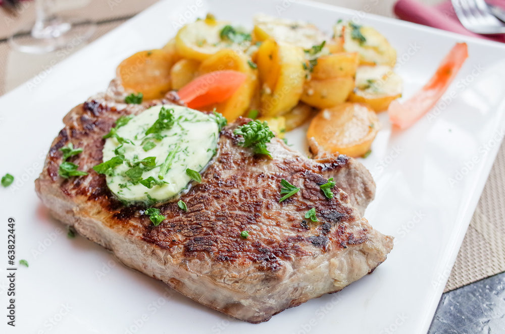 steak beef meat with tomato and french fries steak beef meat with tomato and french fries