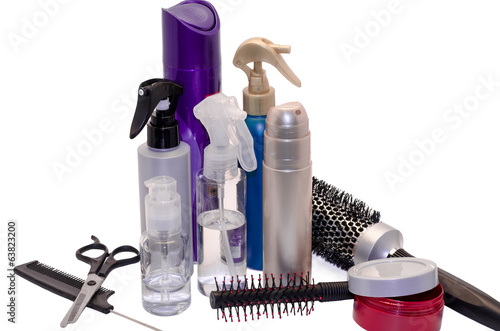 gel, hairbrush and balms for hair dressing the isolated