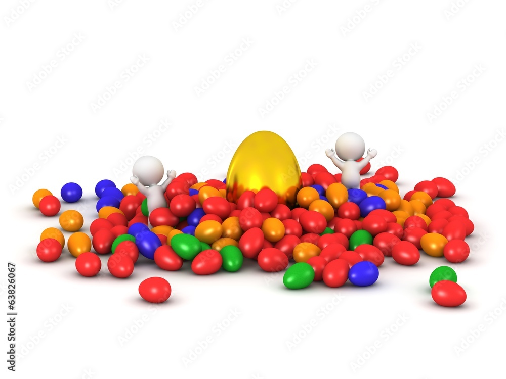 Obraz premium 3D Characters with Golden Easter Egg and Colorful Easter Eggs