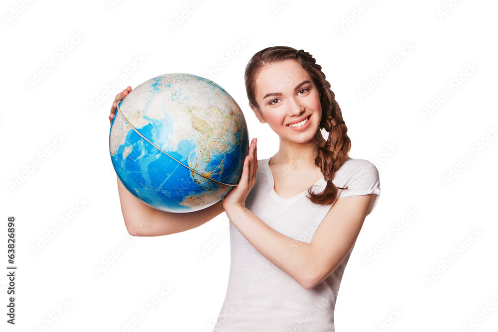 Pretty smiling young lady holding a world globe Pretty smiling young lady holding a world globe