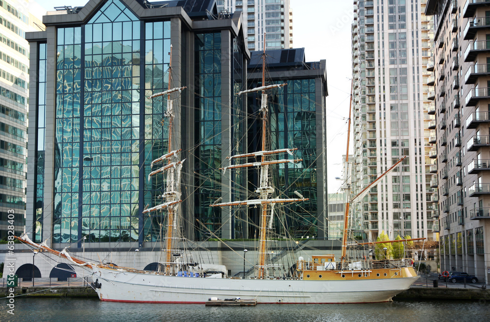 LONDON, CANARY WHARF UK - APRIL 4, 2014  Antique yacht 