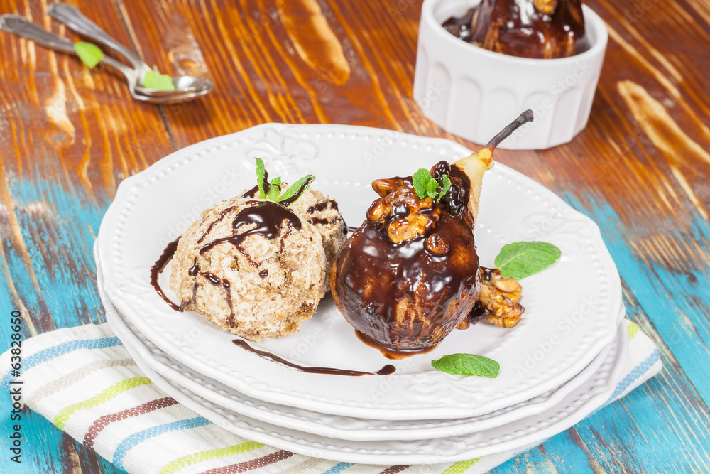 Poached Pear with Chocolate Sauce and ice cream