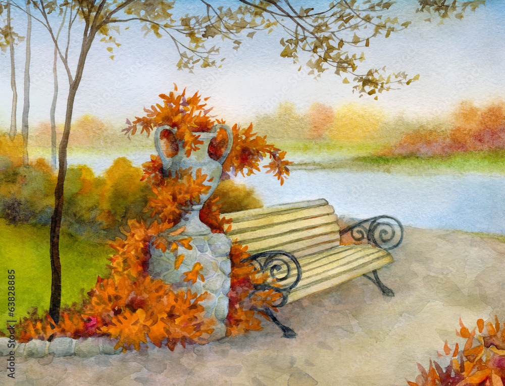 Obraz premium Decorative bench in autumn park